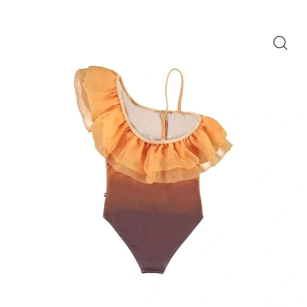 Orange and Brown Ruffled One-Shoulder Swimsuit by designer label, Molo